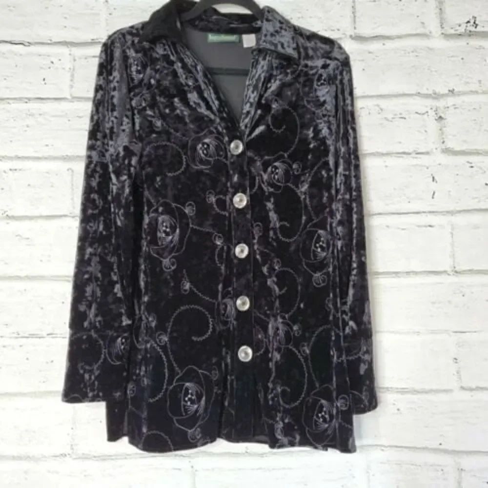 Harve Bernard Women's Button Medium Jacket Long Black Velvet Velour Embroidered